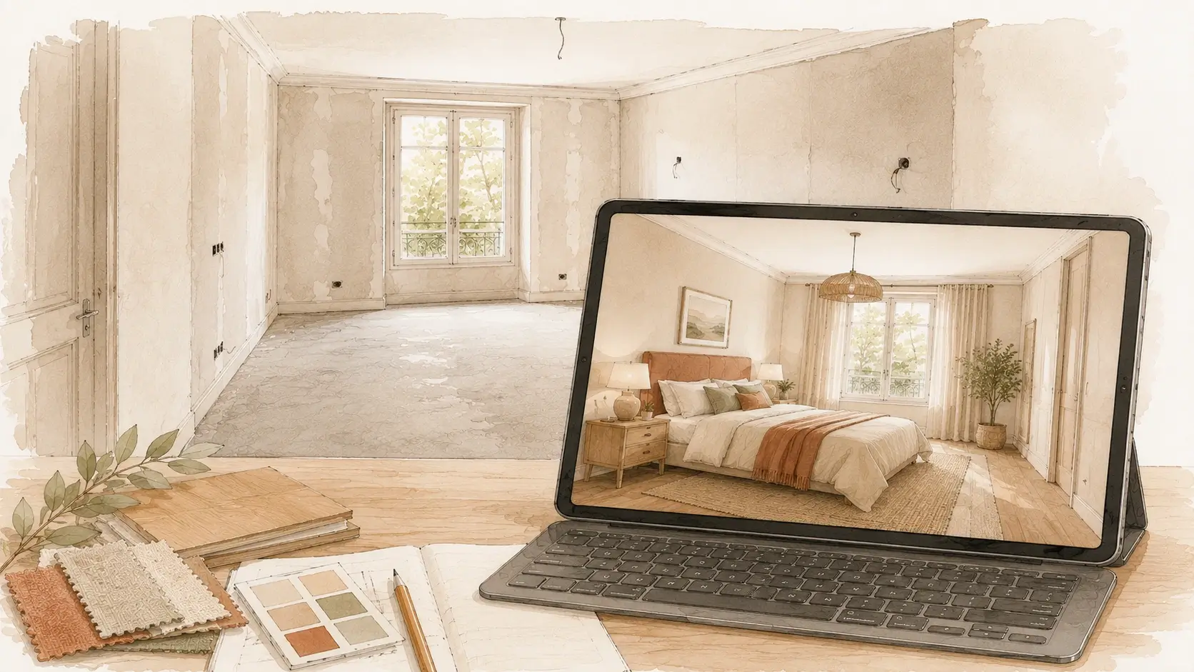 Modélisation 3D 3 Modélisation 3D Croquis d’une chambre vide comparée à sa future décoration visualisée en 3D